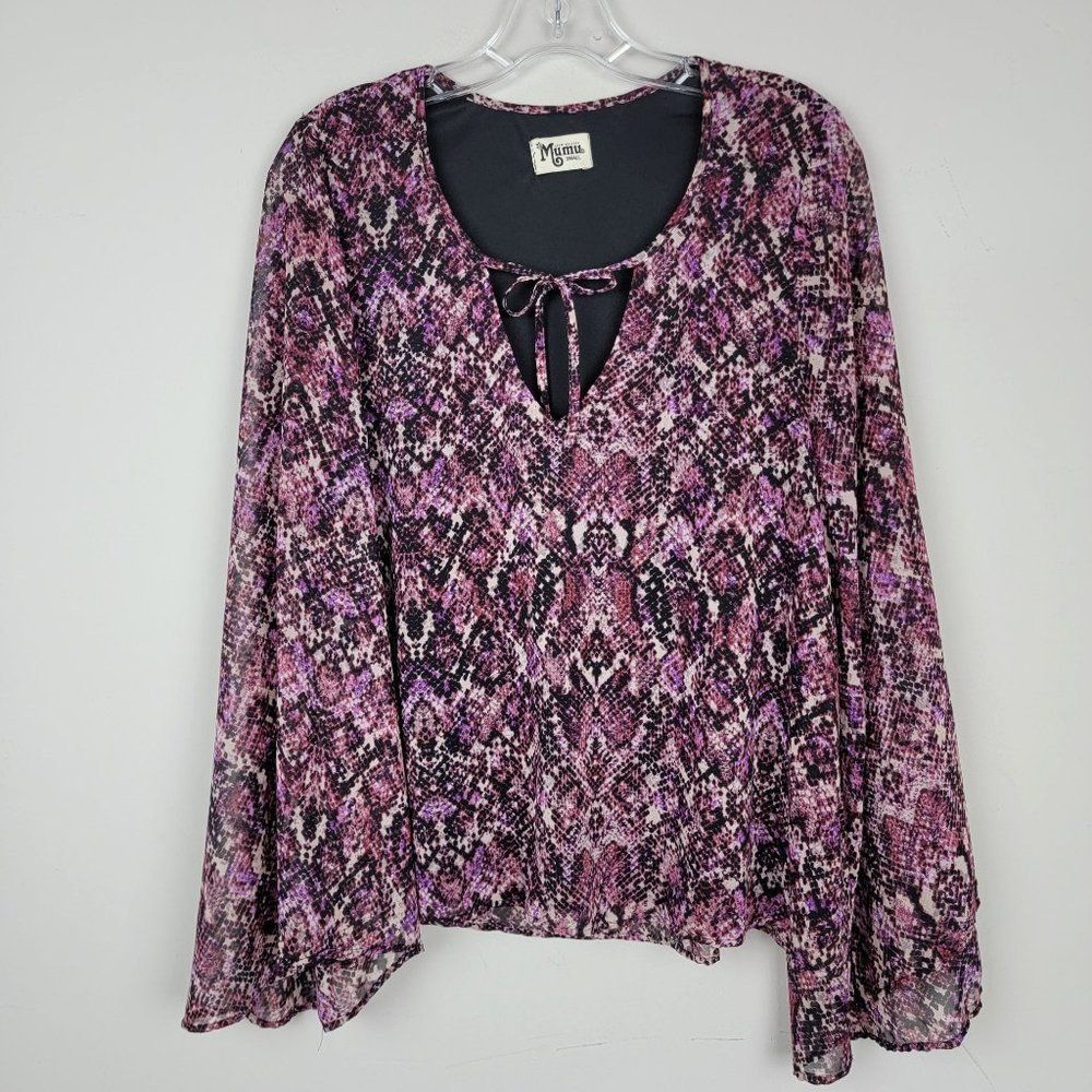 Show Me Your Mumu Oversized Chiffon Purple V Tie Neck Flare Sleeves Blouse Top S
